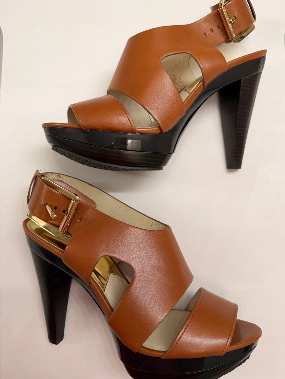 Michael Kors Cognac Leather Platform Open-Toe Heels with Cutouts